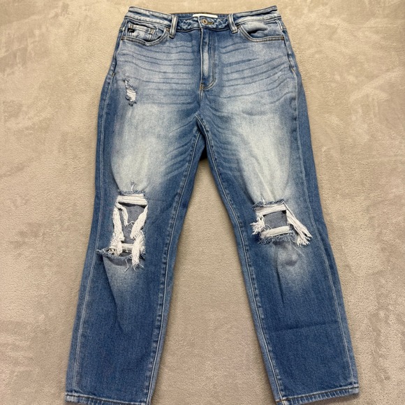 KanCan Jeans Women's 9/28 Milan High Rise Mom Distressed Faded Medium Blue Denim - Picture 2 of 13